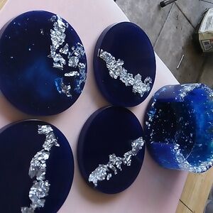 Elegant NAVY Blue and Silver Coaster Set